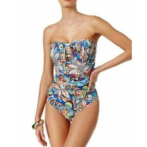 New Swim Solutions Fiesta Print Swimsuit Womens 20 Shirred Bandeau One Piece